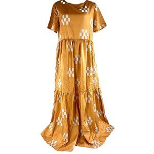 Miss Look Muu Moo Maxi Dress Shift Tiered Burnt Orange Geometric LONG 54” L